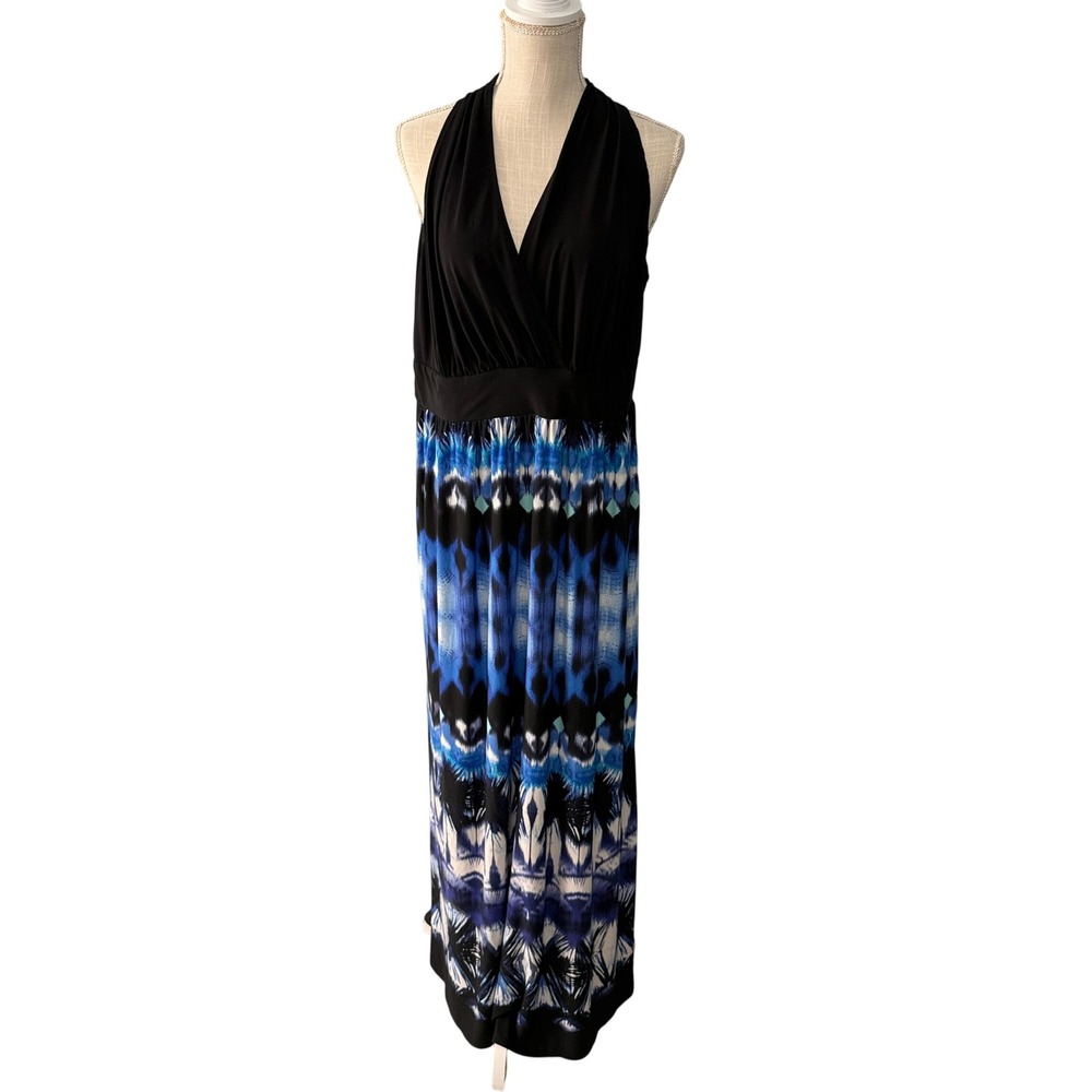 London Times Woman Womens 14W Halter Neck Abstract Print Maxi Dress Black Blue